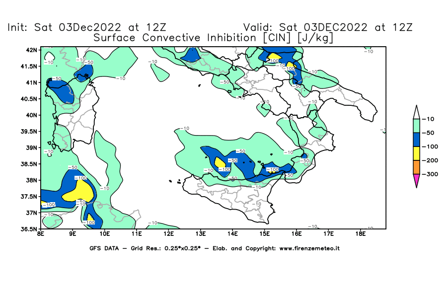 Mappa di analisi GFS - CIN [J/kg] in Sud-Italia
							del 03/12/2022 12 <!--googleoff: index-->UTC<!--googleon: index-->