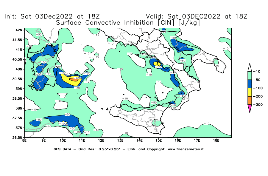 Mappa di analisi GFS - CIN [J/kg] in Sud-Italia
							del 03/12/2022 18 <!--googleoff: index-->UTC<!--googleon: index-->