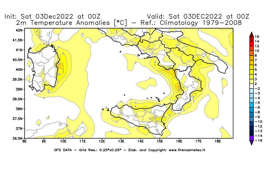 Mappa di analisi GFS - Anomalia Temperatura [°C] a 2 m in Sud-Italia
							del 03/12/2022 00 <!--googleoff: index-->UTC<!--googleon: index-->