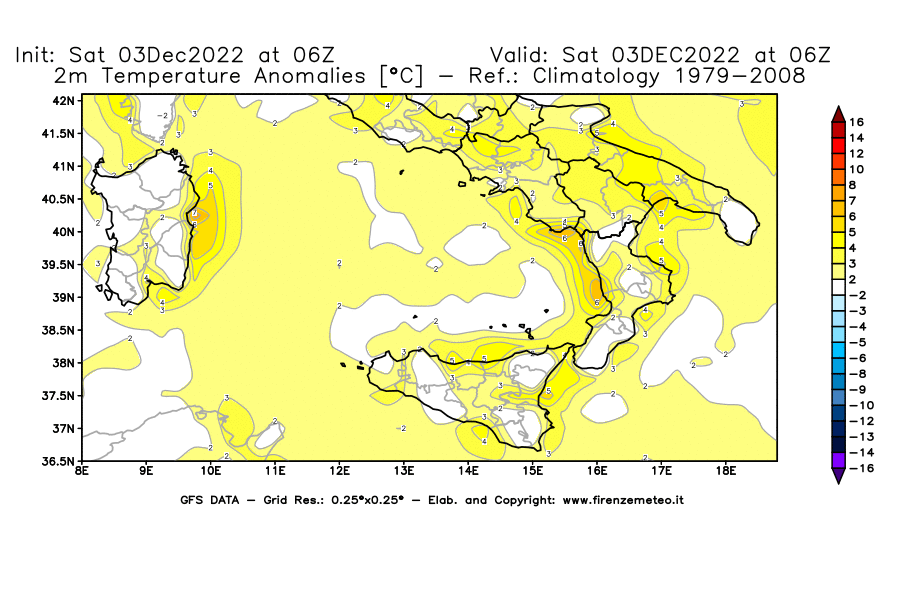 Mappa di analisi GFS - Anomalia Temperatura [°C] a 2 m in Sud-Italia
							del 03/12/2022 06 <!--googleoff: index-->UTC<!--googleon: index-->