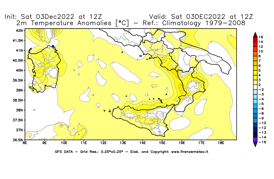 Mappa di analisi GFS - Anomalia Temperatura [°C] a 2 m in Sud-Italia
							del 03/12/2022 12 <!--googleoff: index-->UTC<!--googleon: index-->