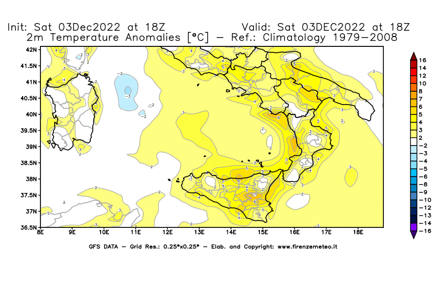 Mappa di analisi GFS - Anomalia Temperatura [°C] a 2 m in Sud-Italia
							del 03/12/2022 18 <!--googleoff: index-->UTC<!--googleon: index-->