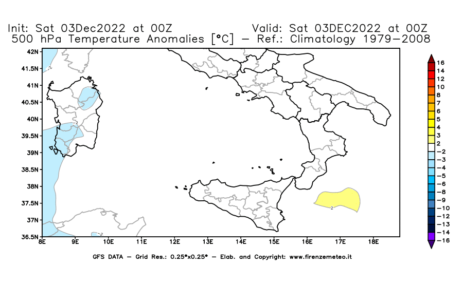 Mappa di analisi GFS - Anomalia Temperatura [°C] a 500 hPa in Sud-Italia
							del 03/12/2022 00 <!--googleoff: index-->UTC<!--googleon: index-->