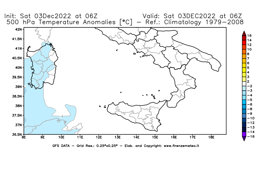 Mappa di analisi GFS - Anomalia Temperatura [°C] a 500 hPa in Sud-Italia
							del 03/12/2022 06 <!--googleoff: index-->UTC<!--googleon: index-->