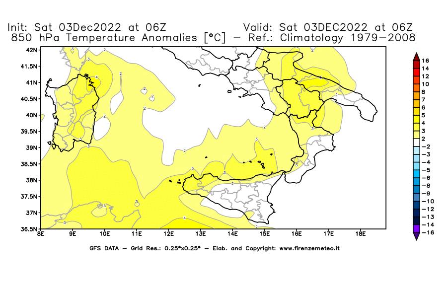 Mappa di analisi GFS - Anomalia Temperatura [°C] a 850 hPa in Sud-Italia
							del 03/12/2022 06 <!--googleoff: index-->UTC<!--googleon: index-->