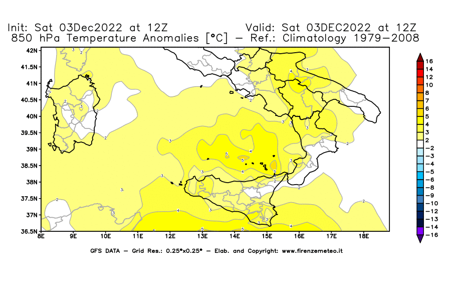 Mappa di analisi GFS - Anomalia Temperatura [°C] a 850 hPa in Sud-Italia
							del 03/12/2022 12 <!--googleoff: index-->UTC<!--googleon: index-->