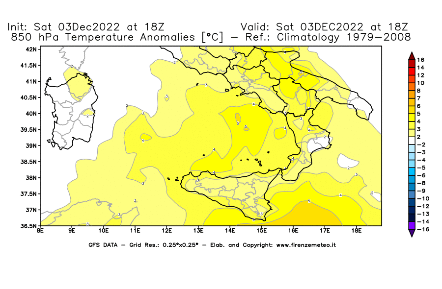 Mappa di analisi GFS - Anomalia Temperatura [°C] a 850 hPa in Sud-Italia
							del 03/12/2022 18 <!--googleoff: index-->UTC<!--googleon: index-->