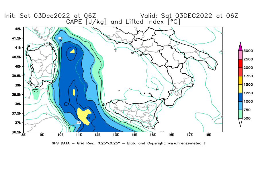 Mappa di analisi GFS - CAPE [J/kg] e Lifted Index [°C] in Sud-Italia
							del 03/12/2022 06 <!--googleoff: index-->UTC<!--googleon: index-->