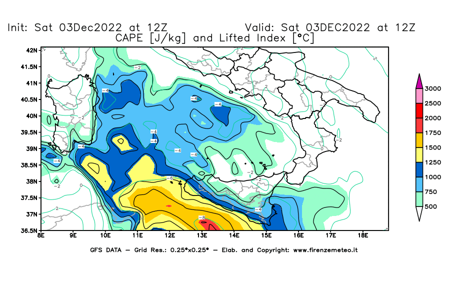 Mappa di analisi GFS - CAPE [J/kg] e Lifted Index [°C] in Sud-Italia
							del 03/12/2022 12 <!--googleoff: index-->UTC<!--googleon: index-->