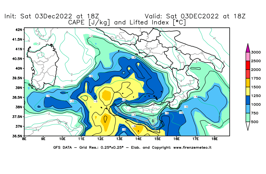 Mappa di analisi GFS - CAPE [J/kg] e Lifted Index [°C] in Sud-Italia
							del 03/12/2022 18 <!--googleoff: index-->UTC<!--googleon: index-->