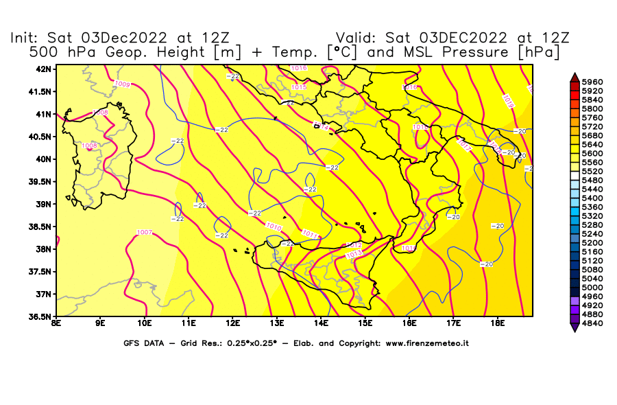 Mappa di analisi GFS - Geopotenziale [m] + Temp. [°C] a 500 hPa + Press. a livello del mare [hPa] in Sud-Italia
							del 03/12/2022 12 <!--googleoff: index-->UTC<!--googleon: index-->