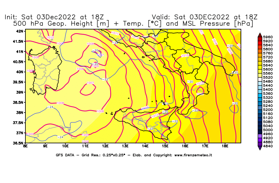 Mappa di analisi GFS - Geopotenziale [m] + Temp. [°C] a 500 hPa + Press. a livello del mare [hPa] in Sud-Italia
							del 03/12/2022 18 <!--googleoff: index-->UTC<!--googleon: index-->