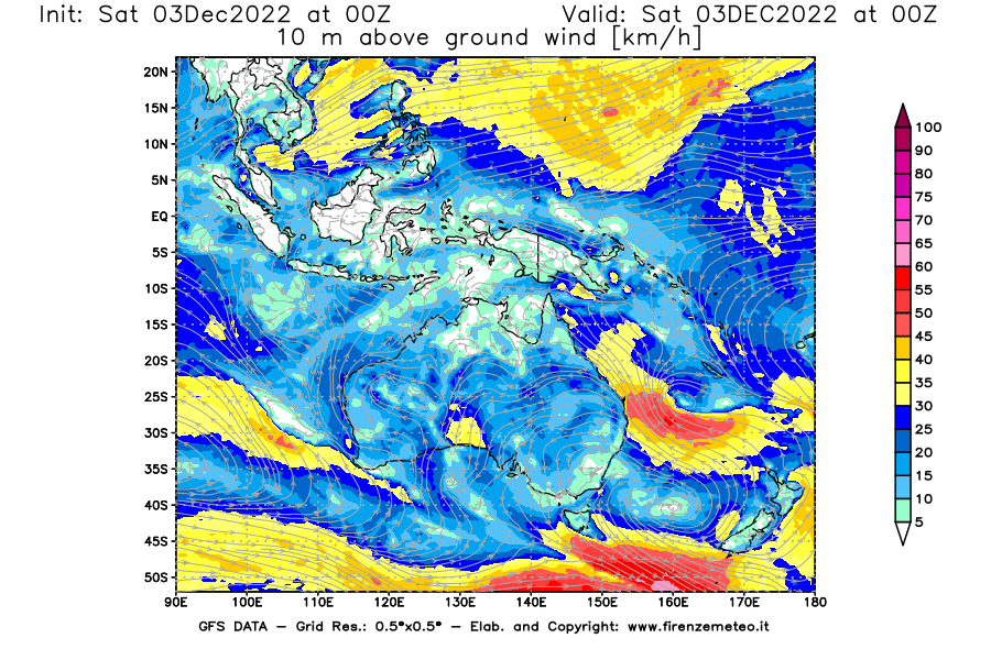 Mappa di analisi GFS - Velocità del vento a 10 metri dal suolo [km/h] in Oceania
							del 03/12/2022 00 <!--googleoff: index-->UTC<!--googleon: index-->