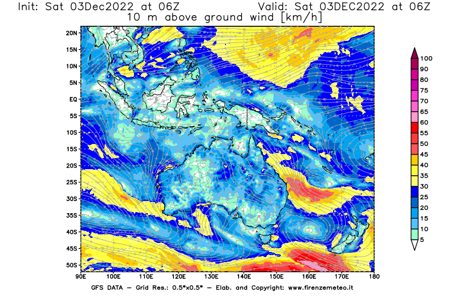 Mappa di analisi GFS - Velocità del vento a 10 metri dal suolo [km/h] in Oceania
							del 03/12/2022 06 <!--googleoff: index-->UTC<!--googleon: index-->