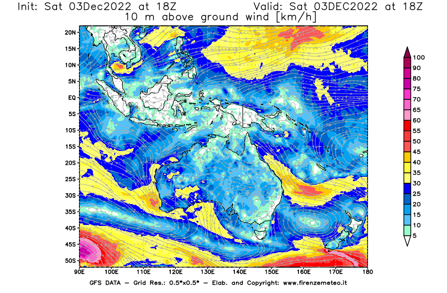 Mappa di analisi GFS - Velocità del vento a 10 metri dal suolo [km/h] in Oceania
							del 03/12/2022 18 <!--googleoff: index-->UTC<!--googleon: index-->