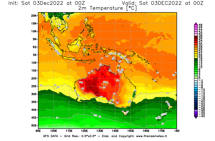 Mappa di analisi GFS - Temperatura a 2 metri dal suolo [°C] in Oceania
							del 03/12/2022 00 <!--googleoff: index-->UTC<!--googleon: index-->