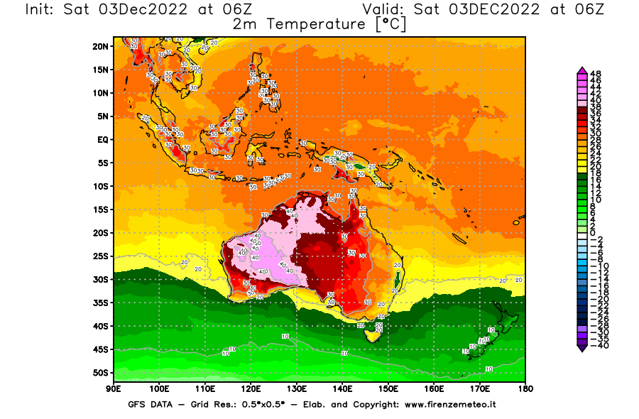 Mappa di analisi GFS - Temperatura a 2 metri dal suolo [°C] in Oceania
							del 03/12/2022 06 <!--googleoff: index-->UTC<!--googleon: index-->