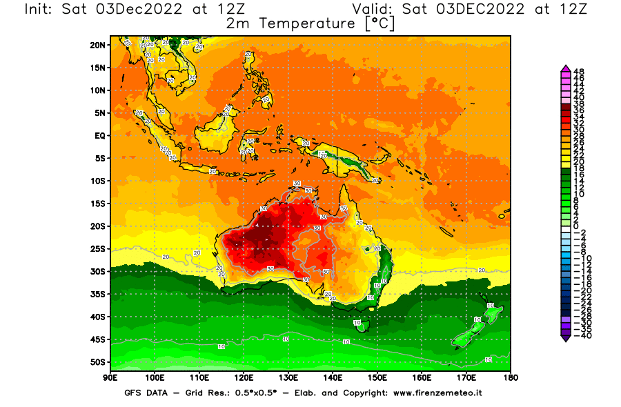 Mappa di analisi GFS - Temperatura a 2 metri dal suolo [°C] in Oceania
							del 03/12/2022 12 <!--googleoff: index-->UTC<!--googleon: index-->