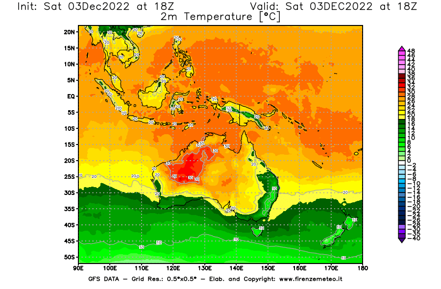 Mappa di analisi GFS - Temperatura a 2 metri dal suolo [°C] in Oceania
							del 03/12/2022 18 <!--googleoff: index-->UTC<!--googleon: index-->