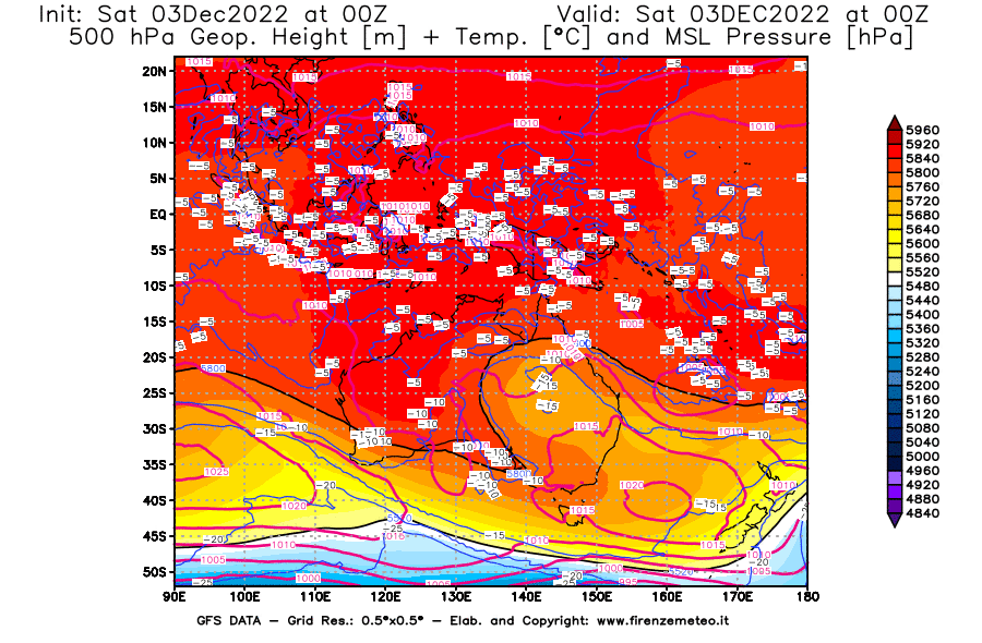 Mappa di analisi GFS - Geopotenziale [m] + Temp. [°C] a 500 hPa + Press. a livello del mare [hPa] in Oceania
							del 03/12/2022 00 <!--googleoff: index-->UTC<!--googleon: index-->
