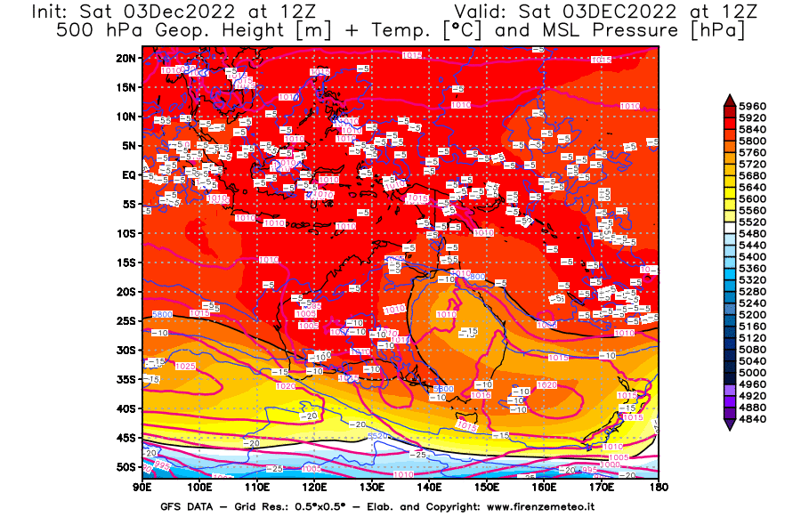 Mappa di analisi GFS - Geopotenziale [m] + Temp. [°C] a 500 hPa + Press. a livello del mare [hPa] in Oceania
							del 03/12/2022 12 <!--googleoff: index-->UTC<!--googleon: index-->