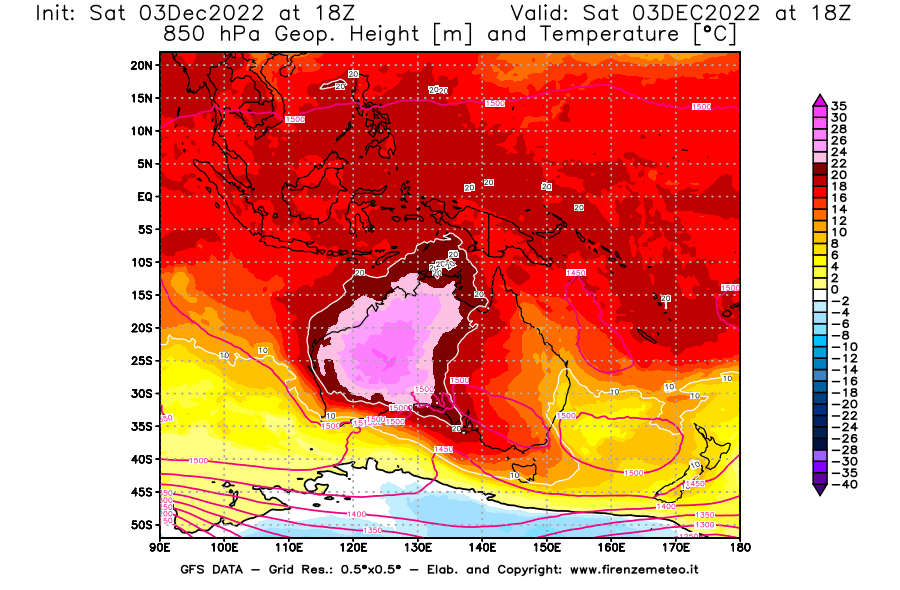 Mappa di analisi GFS - Geopotenziale [m] e Temperatura [°C] a 850 hPa in Oceania
							del 03/12/2022 18 <!--googleoff: index-->UTC<!--googleon: index-->