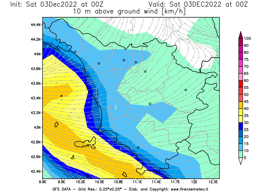 Mappa di analisi GFS - Velocità del vento a 10 metri dal suolo [km/h] in Toscana
							del 03/12/2022 00 <!--googleoff: index-->UTC<!--googleon: index-->