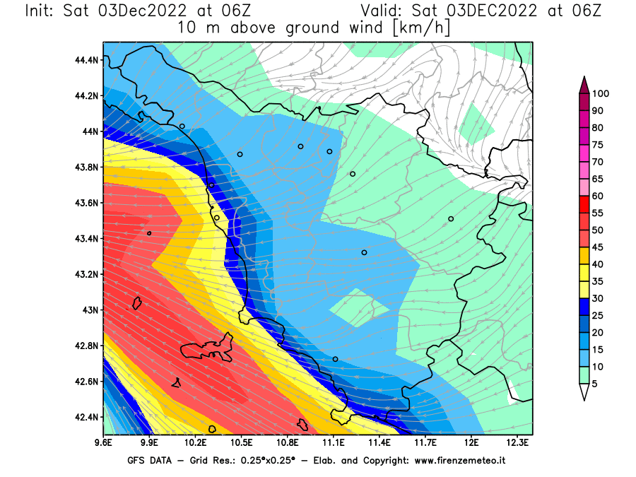 Mappa di analisi GFS - Velocità del vento a 10 metri dal suolo [km/h] in Toscana
							del 03/12/2022 06 <!--googleoff: index-->UTC<!--googleon: index-->