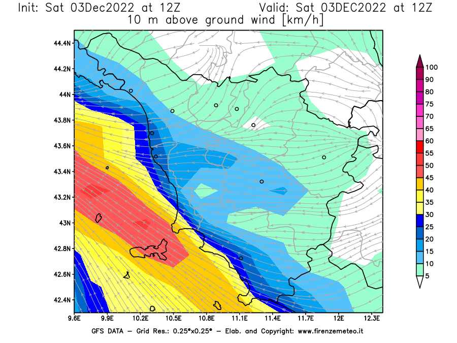 Mappa di analisi GFS - Velocità del vento a 10 metri dal suolo [km/h] in Toscana
							del 03/12/2022 12 <!--googleoff: index-->UTC<!--googleon: index-->