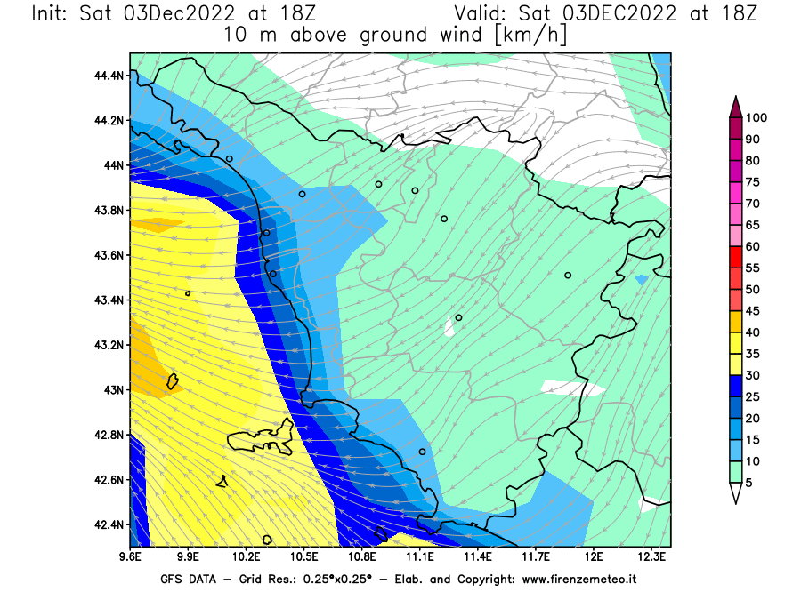 Mappa di analisi GFS - Velocità del vento a 10 metri dal suolo [km/h] in Toscana
							del 03/12/2022 18 <!--googleoff: index-->UTC<!--googleon: index-->
