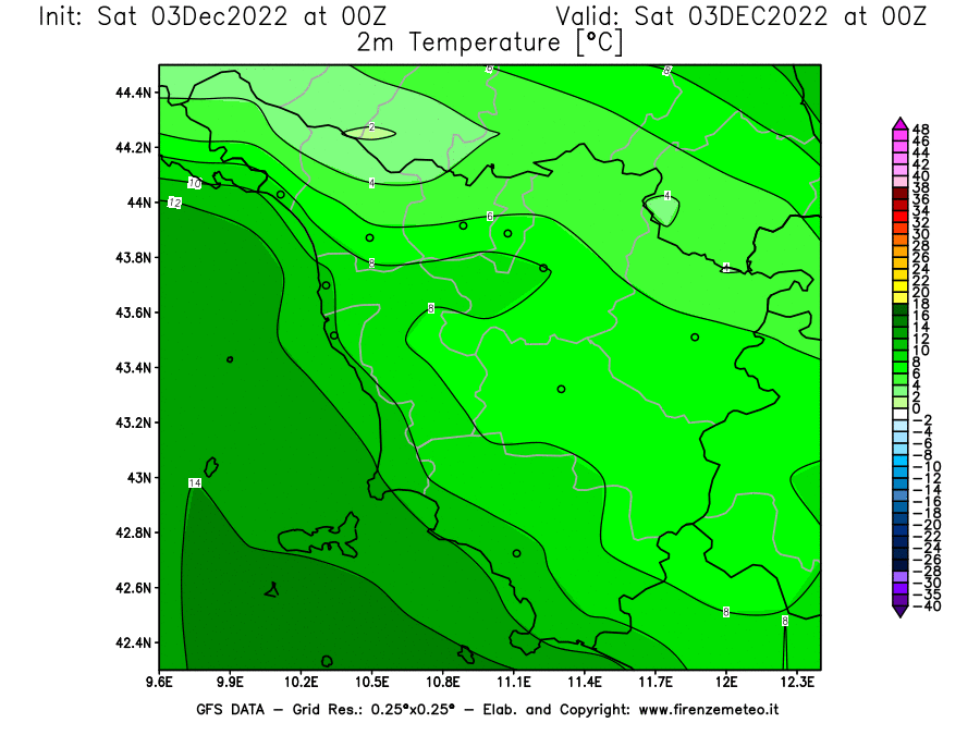 Mappa di analisi GFS - Temperatura a 2 metri dal suolo [°C] in Toscana
							del 03/12/2022 00 <!--googleoff: index-->UTC<!--googleon: index-->