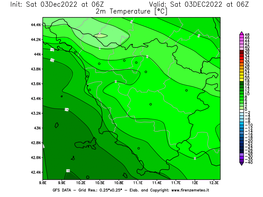 Mappa di analisi GFS - Temperatura a 2 metri dal suolo [°C] in Toscana
							del 03/12/2022 06 <!--googleoff: index-->UTC<!--googleon: index-->