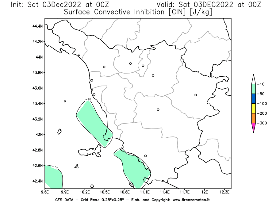 Mappa di analisi GFS - CIN [J/kg] in Toscana
							del 03/12/2022 00 <!--googleoff: index-->UTC<!--googleon: index-->