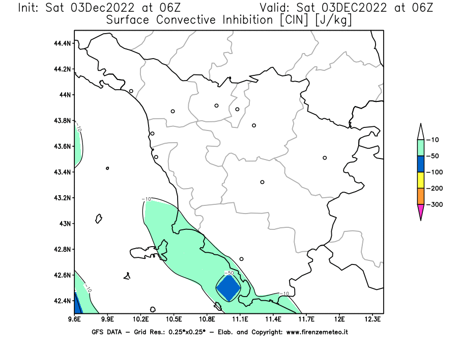Mappa di analisi GFS - CIN [J/kg] in Toscana
							del 03/12/2022 06 <!--googleoff: index-->UTC<!--googleon: index-->