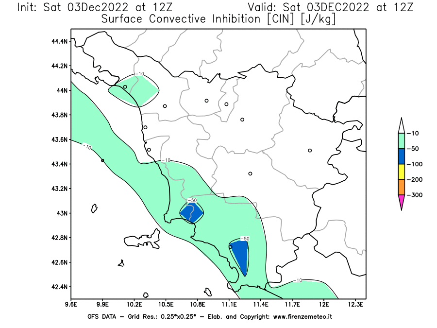 Mappa di analisi GFS - CIN [J/kg] in Toscana
							del 03/12/2022 12 <!--googleoff: index-->UTC<!--googleon: index-->