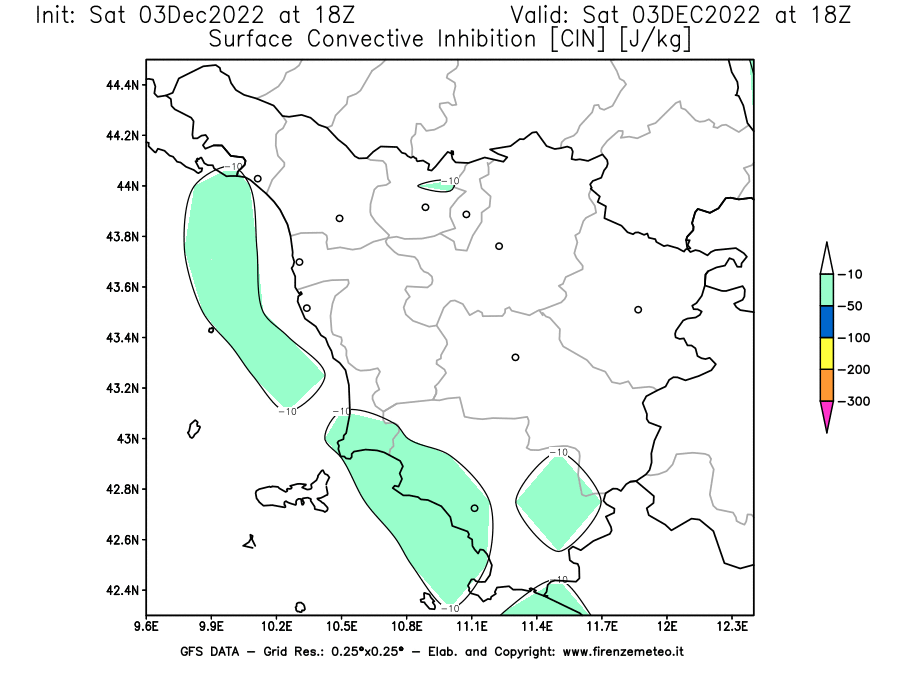 Mappa di analisi GFS - CIN [J/kg] in Toscana
							del 03/12/2022 18 <!--googleoff: index-->UTC<!--googleon: index-->