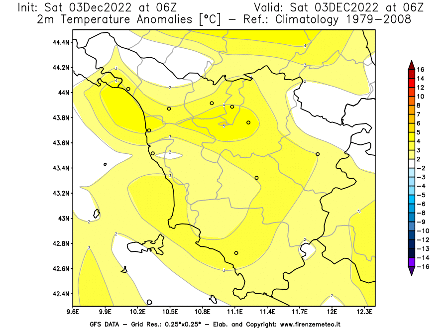 Mappa di analisi GFS - Anomalia Temperatura [°C] a 2 m in Toscana
							del 03/12/2022 06 <!--googleoff: index-->UTC<!--googleon: index-->