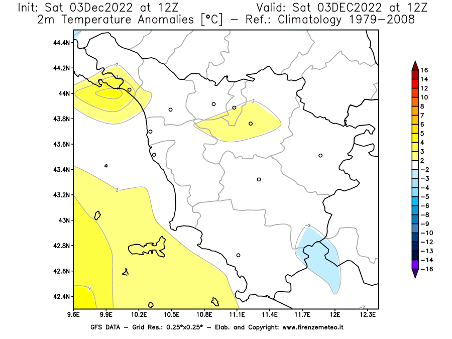 Mappa di analisi GFS - Anomalia Temperatura [°C] a 2 m in Toscana
							del 03/12/2022 12 <!--googleoff: index-->UTC<!--googleon: index-->