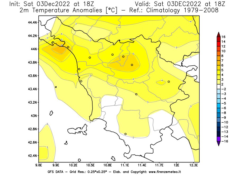 Mappa di analisi GFS - Anomalia Temperatura [°C] a 2 m in Toscana
							del 03/12/2022 18 <!--googleoff: index-->UTC<!--googleon: index-->