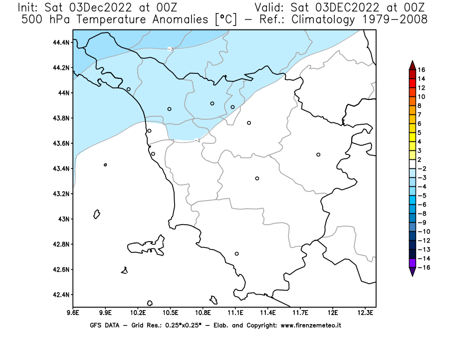 Mappa di analisi GFS - Anomalia Temperatura [°C] a 500 hPa in Toscana
							del 03/12/2022 00 <!--googleoff: index-->UTC<!--googleon: index-->