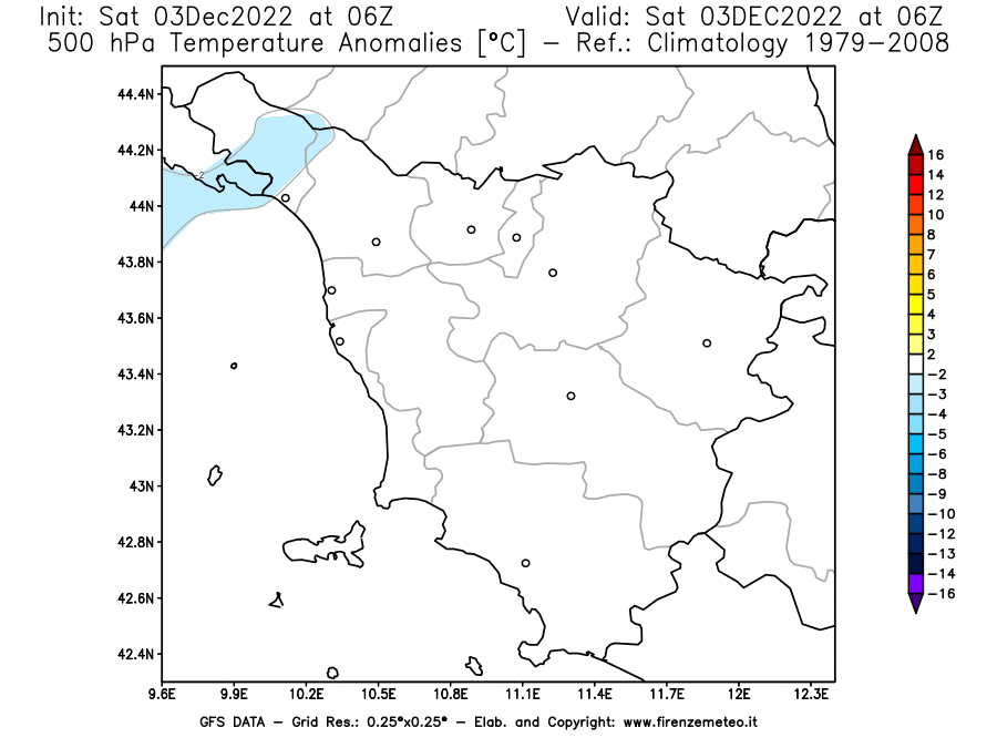 Mappa di analisi GFS - Anomalia Temperatura [°C] a 500 hPa in Toscana
							del 03/12/2022 06 <!--googleoff: index-->UTC<!--googleon: index-->