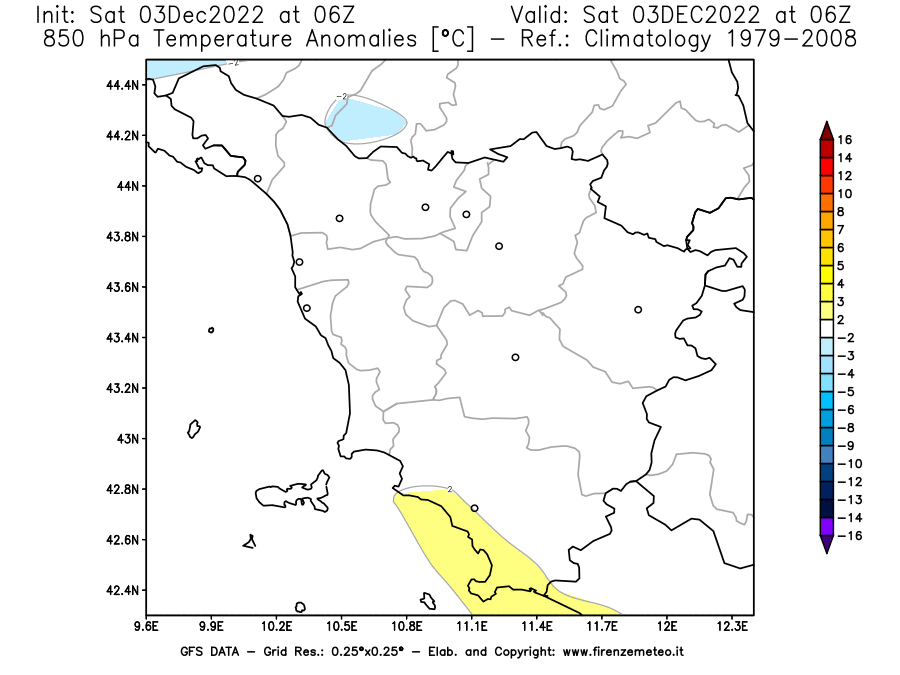 Mappa di analisi GFS - Anomalia Temperatura [°C] a 850 hPa in Toscana
							del 03/12/2022 06 <!--googleoff: index-->UTC<!--googleon: index-->