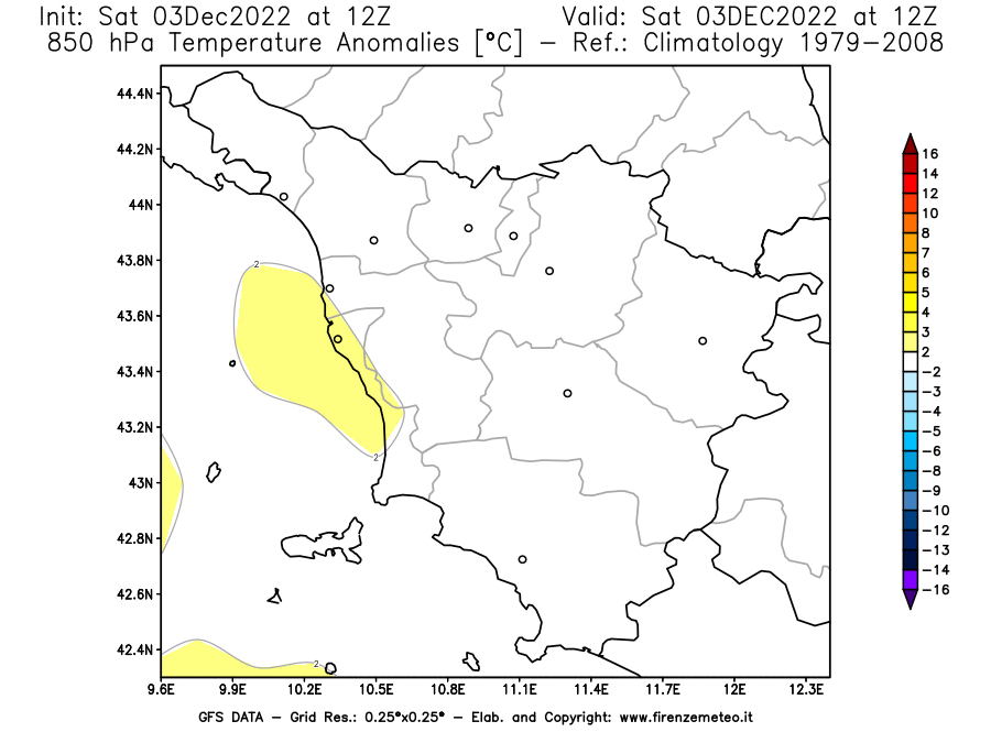 Mappa di analisi GFS - Anomalia Temperatura [°C] a 850 hPa in Toscana
							del 03/12/2022 12 <!--googleoff: index-->UTC<!--googleon: index-->