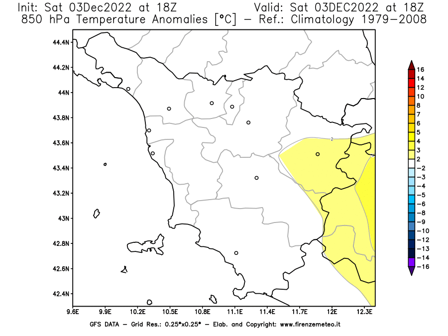 Mappa di analisi GFS - Anomalia Temperatura [°C] a 850 hPa in Toscana
							del 03/12/2022 18 <!--googleoff: index-->UTC<!--googleon: index-->