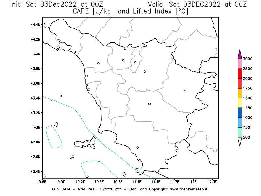 Mappa di analisi GFS - CAPE [J/kg] e Lifted Index [°C] in Toscana
							del 03/12/2022 00 <!--googleoff: index-->UTC<!--googleon: index-->