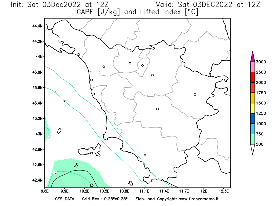 Mappa di analisi GFS - CAPE [J/kg] e Lifted Index [°C] in Toscana
							del 03/12/2022 12 <!--googleoff: index-->UTC<!--googleon: index-->