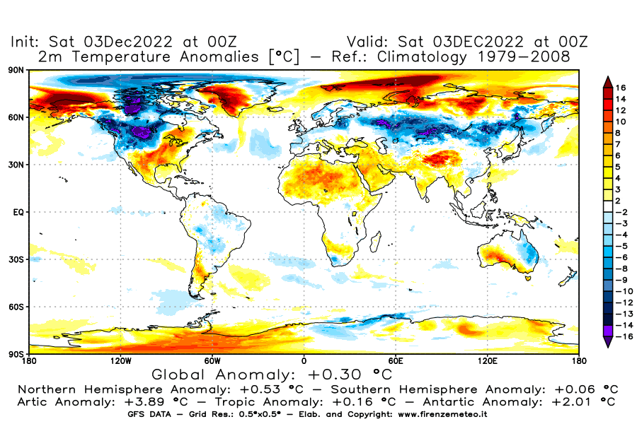 Mappa di analisi GFS - Anomalia Temperatura [°C] a 2 m in World
							del 03/12/2022 00 <!--googleoff: index-->UTC<!--googleon: index-->