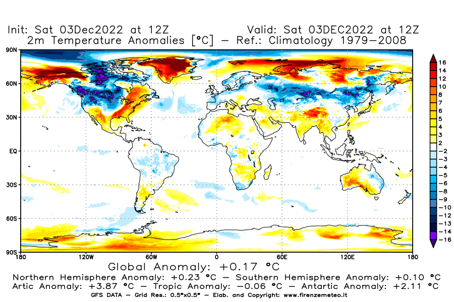 Mappa di analisi GFS - Anomalia Temperatura [°C] a 2 m in World
							del 03/12/2022 12 <!--googleoff: index-->UTC<!--googleon: index-->