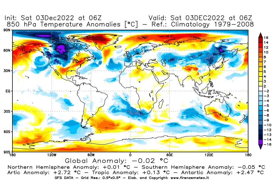 Mappa di analisi GFS - Anomalia Temperatura [°C] a 850 hPa in World
							del 03/12/2022 06 <!--googleoff: index-->UTC<!--googleon: index-->