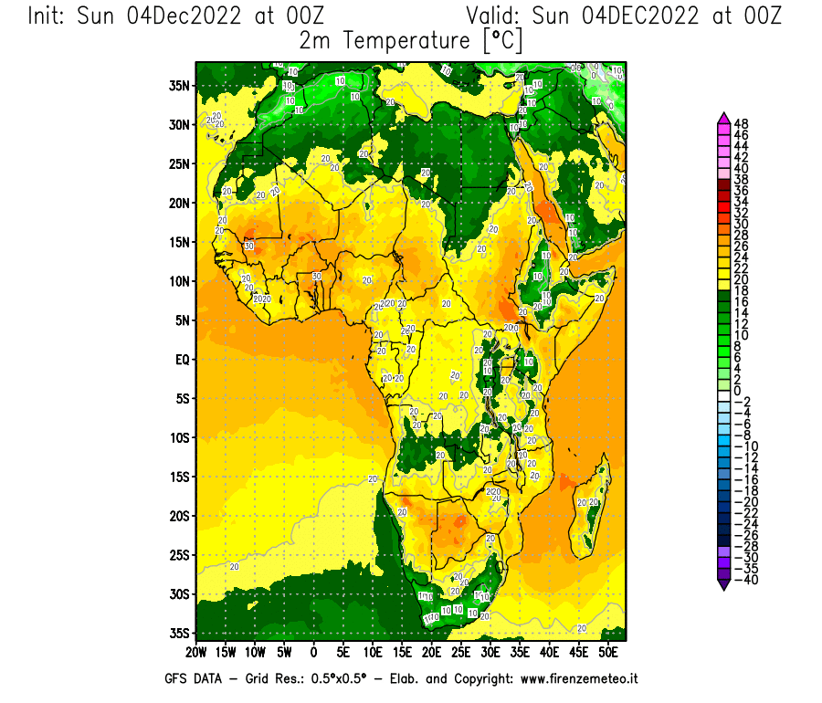 Mappa di analisi GFS - Temperatura a 2 metri dal suolo [°C] in Africa
							del 04/12/2022 00 <!--googleoff: index-->UTC<!--googleon: index-->